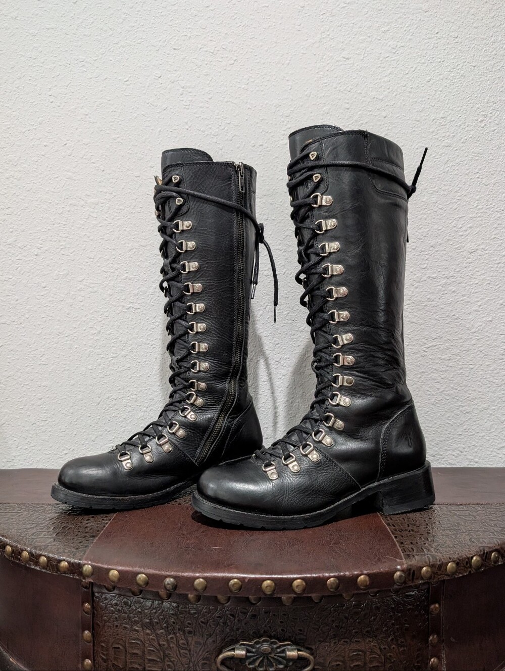 VTG Frye Rogan Tall Black Leather Combat Lace-Up Side-Zip Boots Size 7.5 - Picture 8 of 16